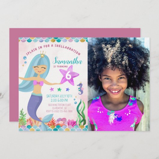 マジカルマーメイドガール誕生日写真招待状 招待状 (正面/裏面)