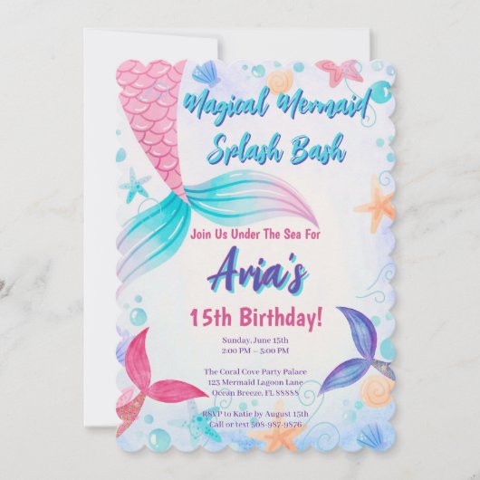 マジカルマーメイドテールグリッター誕生日パーティー 招待状 (正面)