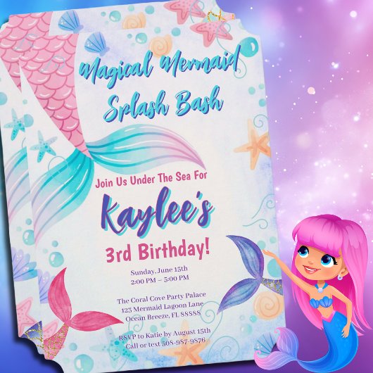 マジカルマーメイドテール誕生日パーティー招待状 招待状