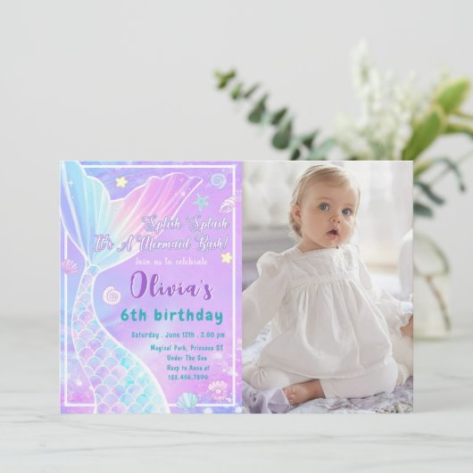 マジカルマーメイドテール誕生日フォト招待状 招待状 (スタンド正面)