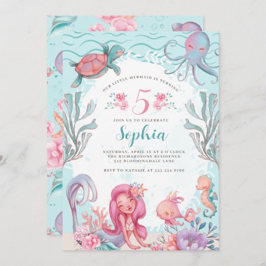 マジカルマーメイドパーティー誕生日招待状 招待状 (正面/裏面)