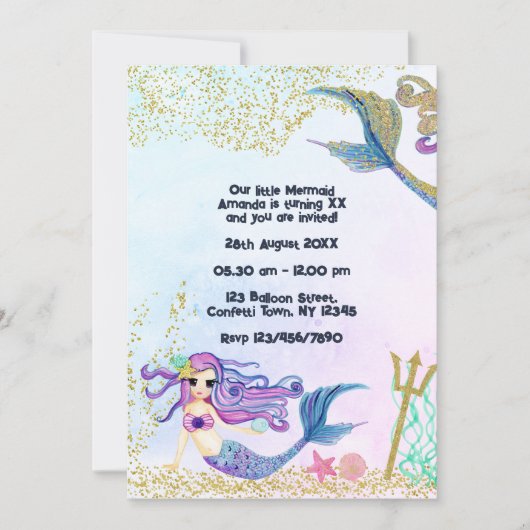 マジカルマーメイドフェイクグリッター子供の誕生日パーティー 招待状 (正面)