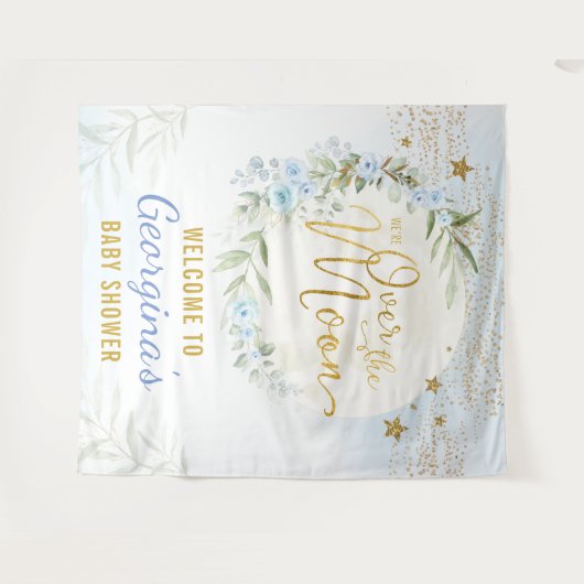 マジカルムーンスターズブルー金ゴールド男の赤ちゃんウェルカム タペストリー (正面(横))