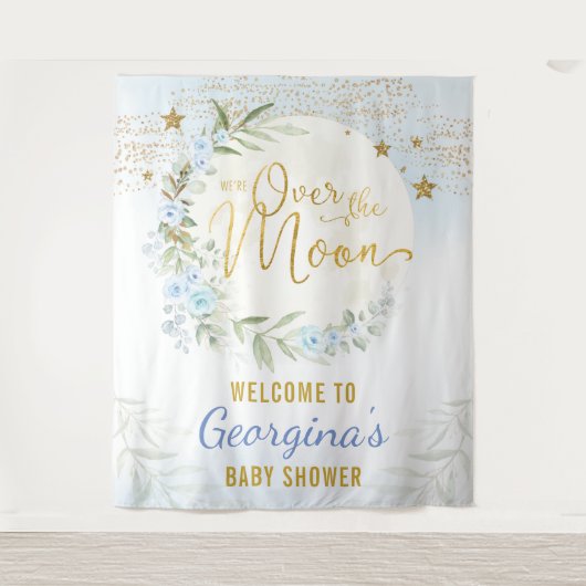 マジカルムーンスターズブルー金ゴールド男の赤ちゃんウェルカム タペストリー (正面)