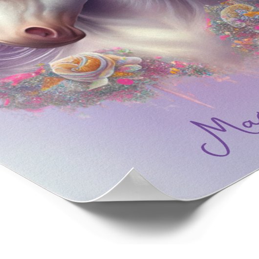 マジカルモーメントユニコーンピンクパステルフローラグリッター ポスター (角)