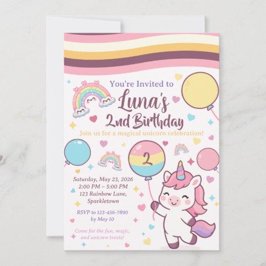 マジカルユニコーンと虹の女の子2歳の誕生日パーティー 招待状 (正面)