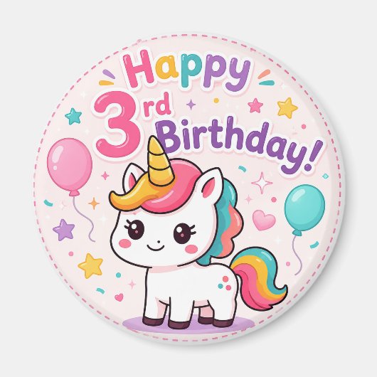 マジカルユニコーンの3歳の誕生日お祝い マグネット (正面)