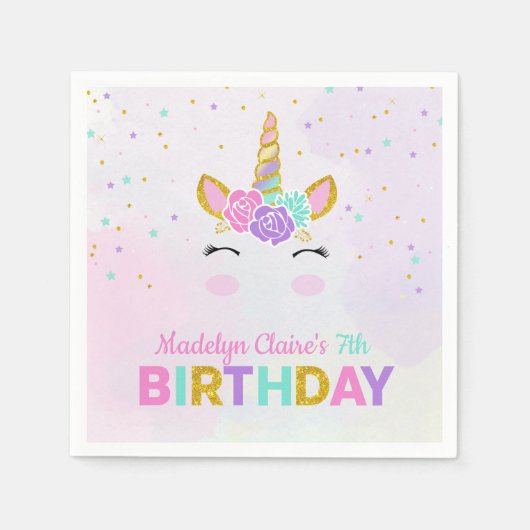 マジカルユニコーンウォーターカラーグリッタースターズ誕生日 スタンダードカクテルナプキン (正面)