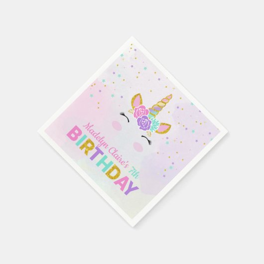 マジカルユニコーンウォーターカラーグリッタースターズ誕生日 スタンダードカクテルナプキン (角)