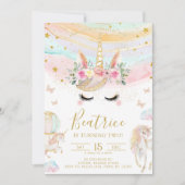 マジカルユニコーンカラフルパステル金ゴールドグリターブデイ 招待状 (正面)