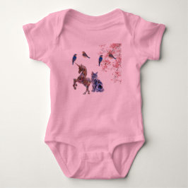 マジカルユニコーンキャットと咲き誇る鳥たち - 女の子用ベビーTシャツ ベビーボディスーツ