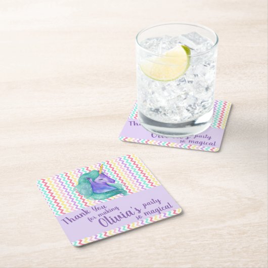 マジカルユニコーンシェブロンパステル子供の誕生日パーティー スクエアペーパーコースター (インサイチュ)