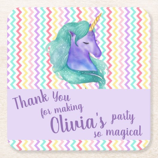 マジカルユニコーンシェブロンパステル子供の誕生日パーティー スクエアペーパーコースター (正面)