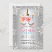 マジカルユニコーンシルバーウィンタースノーフレーク誕生日 招待状 (正面)