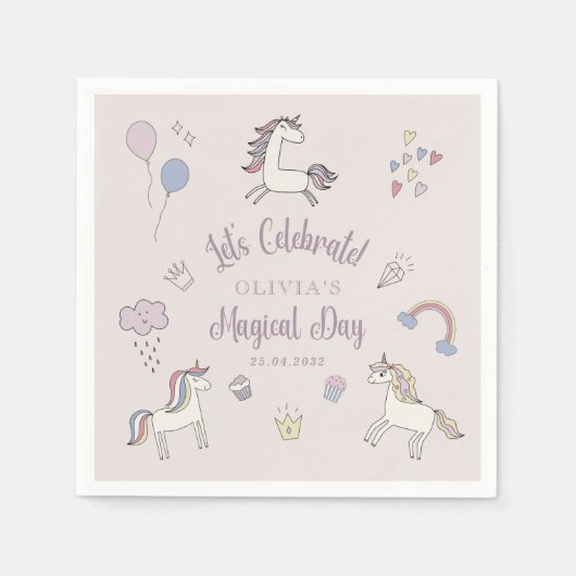 マジカルユニコーンバースデーパーティー紙ナプキンス スタンダードカクテルナプキン (正面)