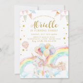マジカルユニコーンパステルレインボー金ゴールドグリッターブデイ 招待状 (正面)