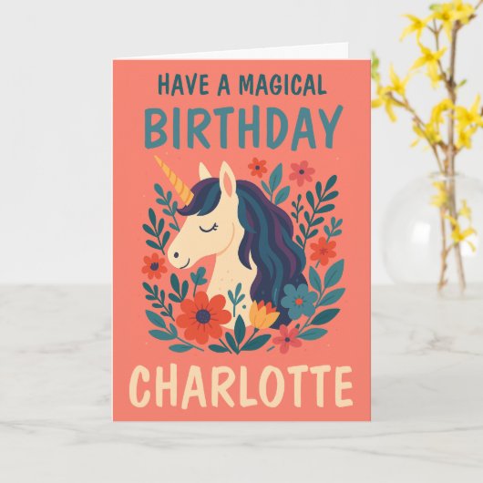 マジカルユニコーンパーソナライズされたお洒落誕生日 カード (黄色い花)