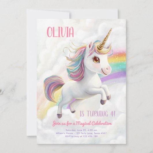 マジカルユニコーンパーティーレインボーガールパステル誕生日 招待状 (正面)