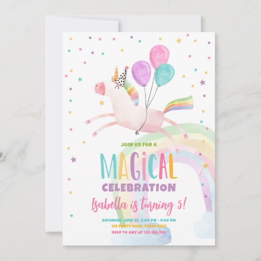 マジカルユニコーンパーティーレインボーガールファースト誕生日 招待状 (正面)