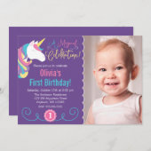 マジカルユニコーンパープルフォト誕生日招待状 招待状 (正面/裏面)