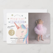 マジカルユニコーンピンクx金ゴールドガールフォト誕生日 招待状 (正面)