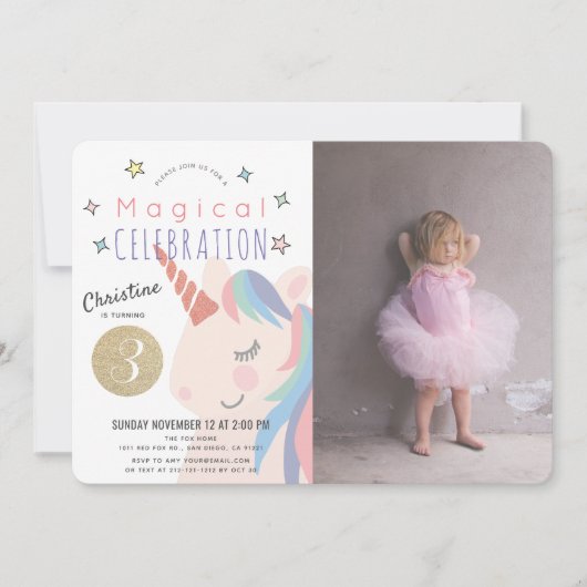 マジカルユニコーンピンクx金ゴールドガールフォト誕生日 招待状 (正面)