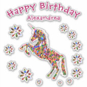 マジカルユニコーンフローラ誕生日カスタムグリッター シール (正面)