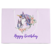 マジカルユニコーンママ&ベビーウォーターカラー誕生日 ラージペーパーバッグ (正面)