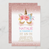 マジカルユニコーンモダンバラ金ゴールドグリッター誕生日 招待状 (正面/裏面)