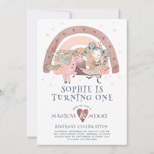 マジカルユニコーンレインボーガールファースト誕生日パーティー 招待状 (正面)