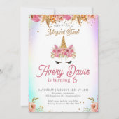マジカルユニコーンレインボーピンクフローラ誕生日 招待状 (正面)