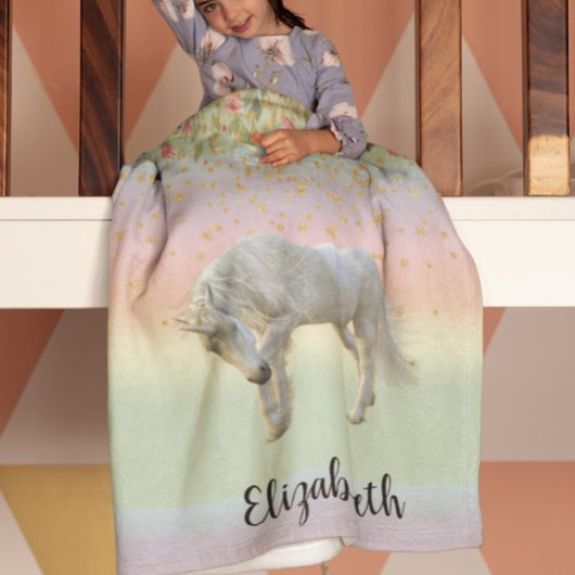 マジカルユニコーンレインボー金ゴールドフローラ フリースブランケット