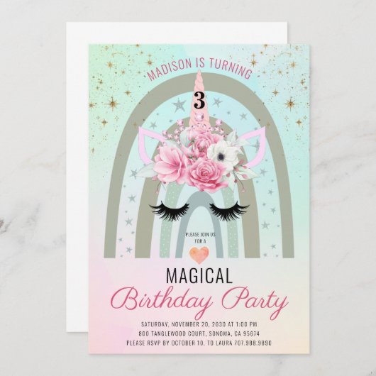 マジカルユニコーンレインボー3rdバースデーピンクティール(緑がかった色) 招待状 (正面/裏面)