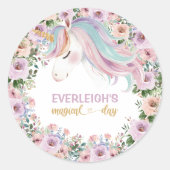 マジカルユニコーン紫の花 1歳の誕生日 ラウンドシール (正面)