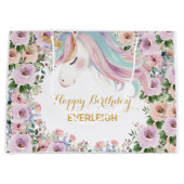 マジカルユニコーン紫の花 1歳の誕生日 ラージペーパーバッグ (正面)