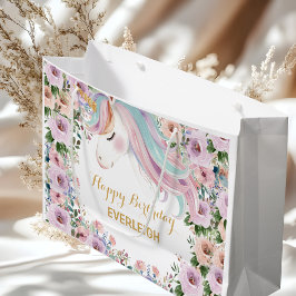 マジカルユニコーン紫の花 1歳の誕生日 ラージペーパーバッグ
