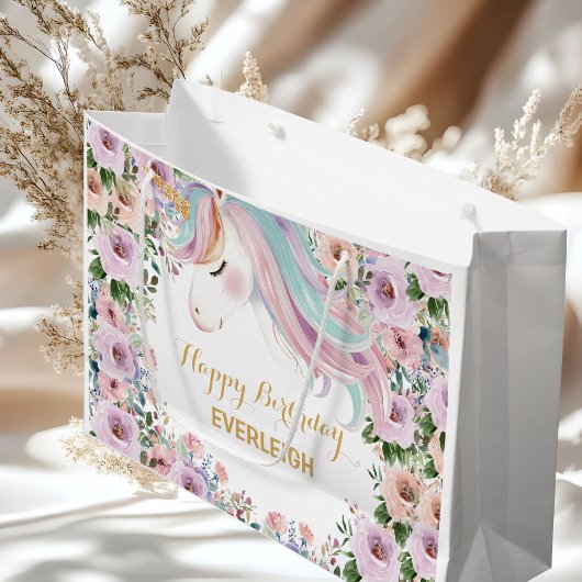 マジカルユニコーン紫の花 1歳の誕生日 ラージペーパーバッグ