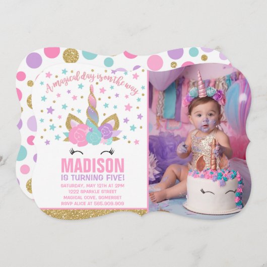 マジカルユニコーン誕生日招待状ピンク金ゴールド 招待状 (正面/裏面)