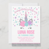 マジカルユニコーン誕生日招待状ピンク&シルバー 招待状 (正面)