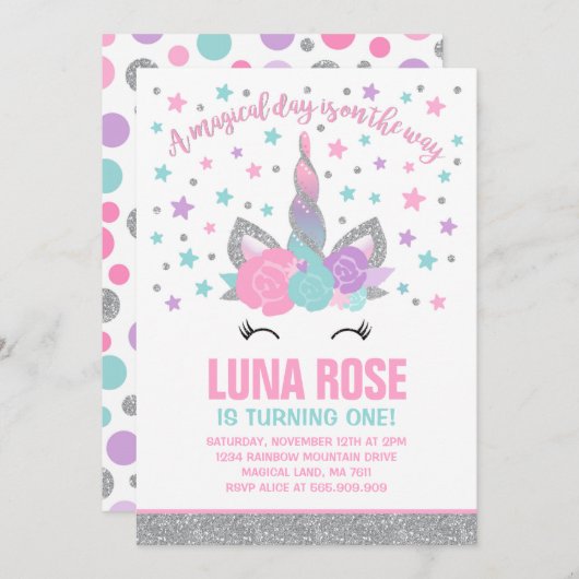 マジカルユニコーン誕生日招待状ピンク&シルバー 招待状 (正面/裏面)