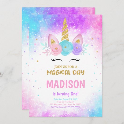 マジカルユニコーン誕生日招待状 招待状 (正面/裏面)