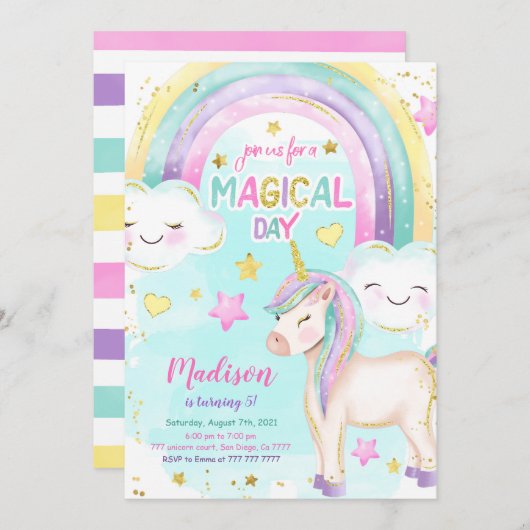 マジカルユニコーン誕生日招待状 招待状 (正面/裏面)
