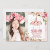 マジカルユニコーン誕生日/かわいらしバラ金ゴールドフローラ 招待状 (正面)