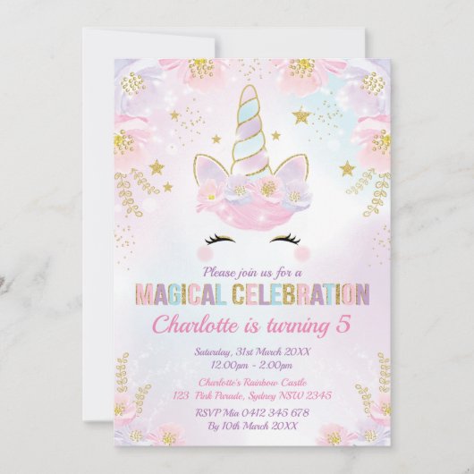 マジカルユニコーン誕生日/パステルピンクパープル金ゴールド 招待状 (正面)