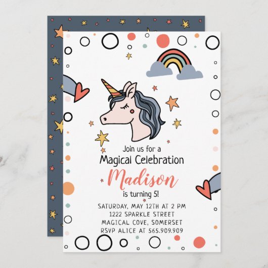マジカルユニコーン誕生日 招待状 (正面/裏面)