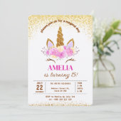 マジカルユニコーン金ゴールドグリッター誕生日招待状 招待状 (スタンド正面)