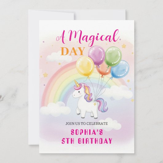 マジカルユニコーン&レインボー誕生日 招待状 (正面)
