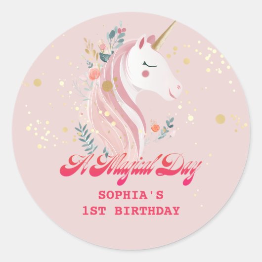 マジカルユニコーン 1歳の誕生日 ラウンドシール (正面)