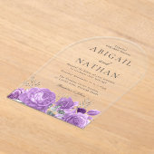 マジカルラベンダーパープルフローラ結婚アーチズ アクリル招待状 (レイダウン)