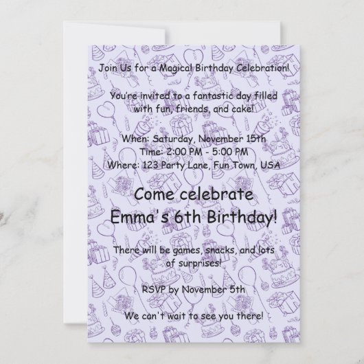 マジカルラベンダー誕生日招待状 子供へ 招待状 (正面)